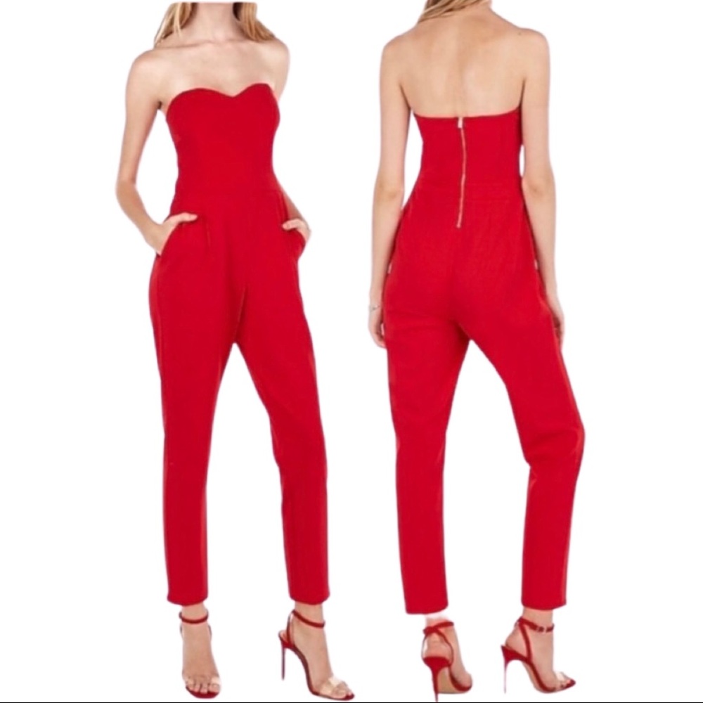 Express Red Strapless Sweetheart Jumpsuit with Gold Exposed Zipper and Pockets